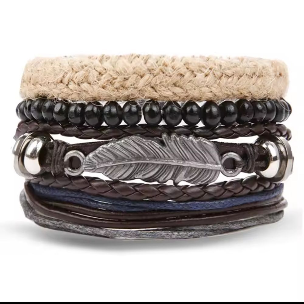 Men's leather bracelet set feather beaded braided new‎ e97